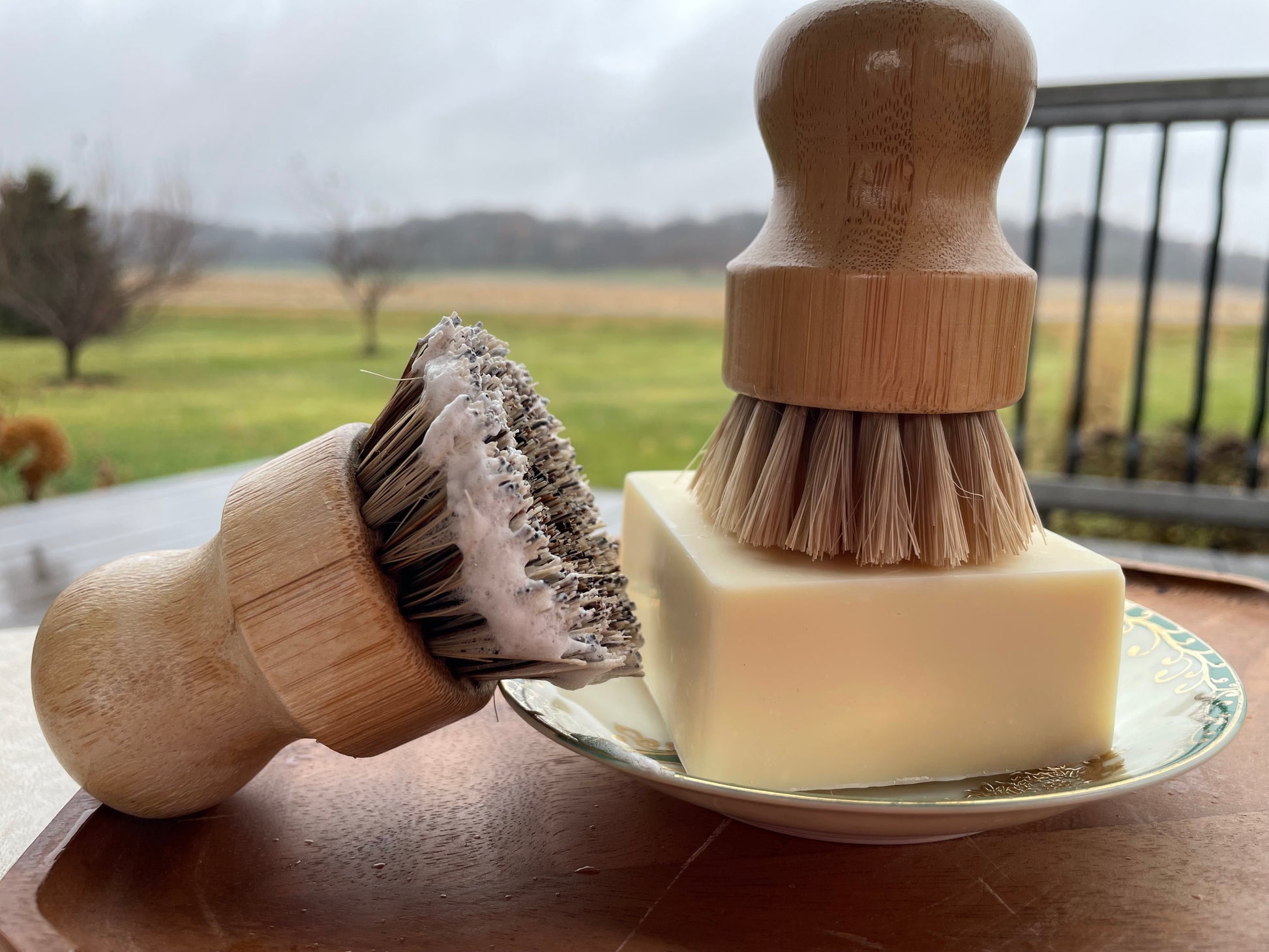 A bar of solid dish soap with two wood brushes on a wood surface.