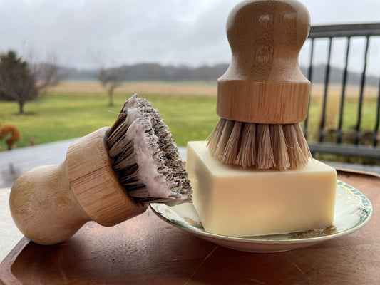A bar of solid dish soap with two wood brushes on a wood surface.