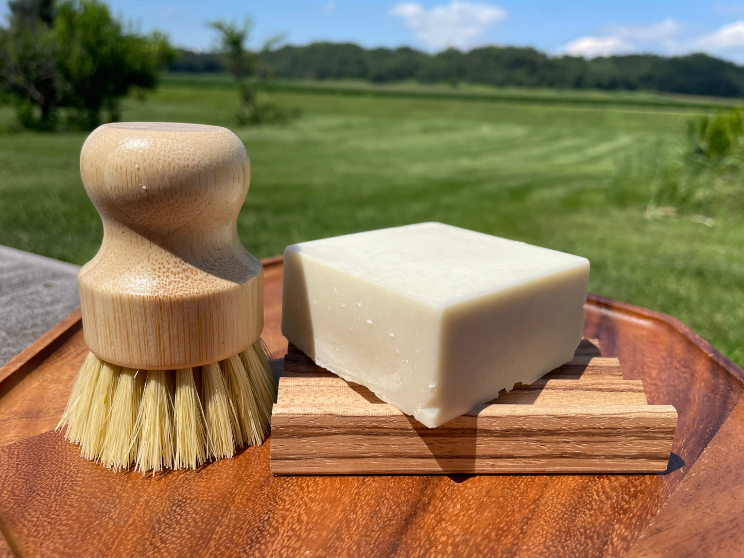 Wooden brush and bar of soap on a wooden block with a natural landscape background