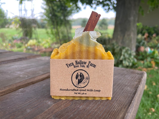 A bar of orange solid soap that is designed to look like a pumpkin. It is orange with a bit of green soap on top with a piece of cinnamon stick poking out the top. The soap is labeled with kraft with 'Fern Hollow Farm, handcrafted goat milk soap' printed on it, set in an outdoor setting.