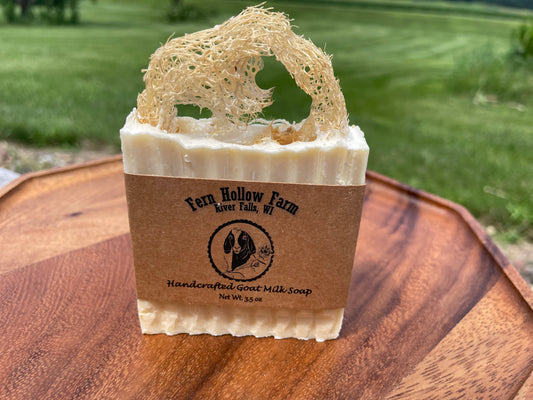 Handcrafted white goat milk soap with a natural luffa on top. It is on a wooden surface